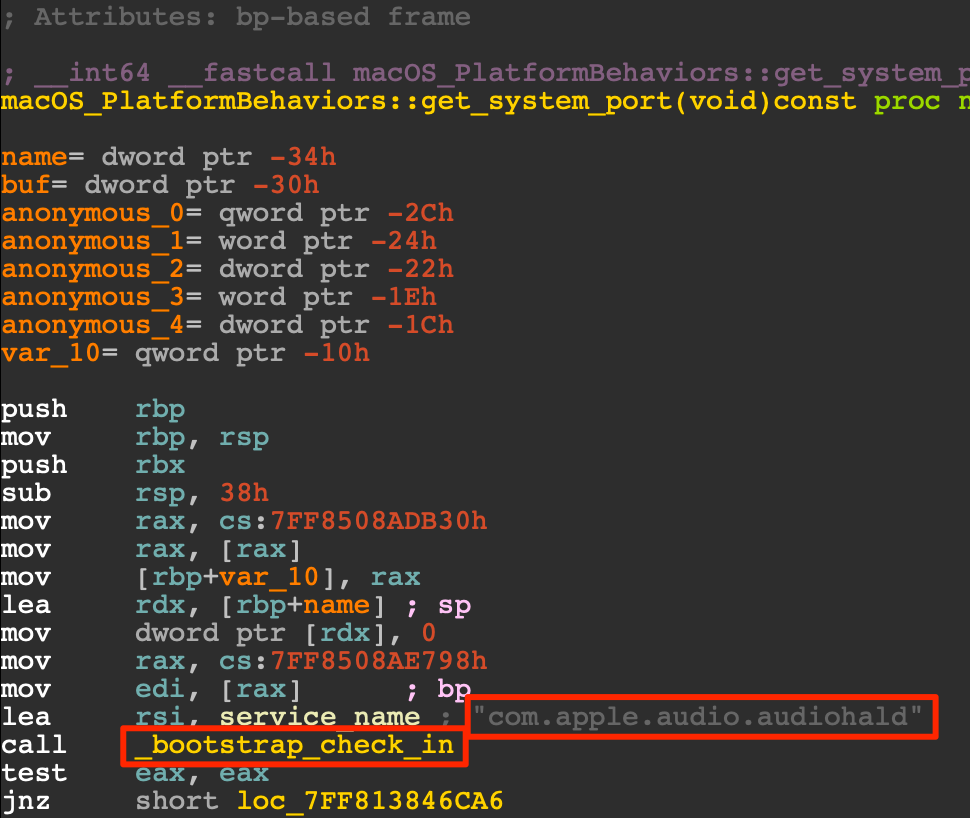 反汇编代码的截图。显示了函数 macOS_PlatformBehaviors::get_system_port。高亮显示了 _bootstrap_check_in 的调用，以及作为服务名传递的字符串 com.apple.audio.audiohald。