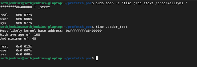 使用Prefetch打破KASLR：通过kallsyms grep耗时0.077秒，而使用prefetch技术耗时0.013秒