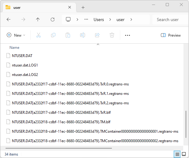 Windows文件资源管理器窗口的屏幕截图，显示'user'文件夹的内容。该文件夹包含与用户设置和数据相关的各种文件，包括NTUSER.DAT、事务日志和临时文件