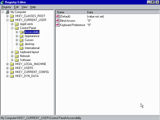 运行在 Windows 95 上的重新设计的 Regedit.exe 截图
