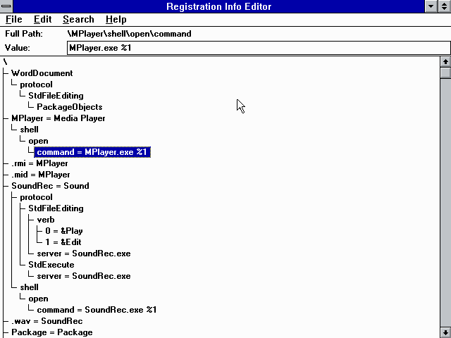 运行在 Windows 3.1 上的第一个注册表编辑器截图