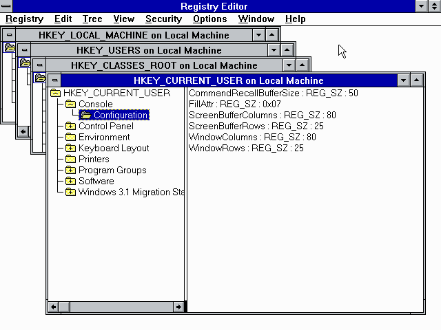 运行在 Windows NT 3.1 上的 RegEdt32.exe 截图