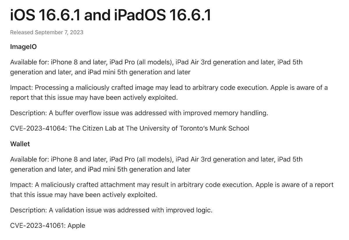iOS 16.6.1和iPadOS 16.6.1的发布说明，包括ImageIO的CVE-2023-41064和Wallet的CVE-2023-41061，详细说明了安全更新和潜在的利用情况。