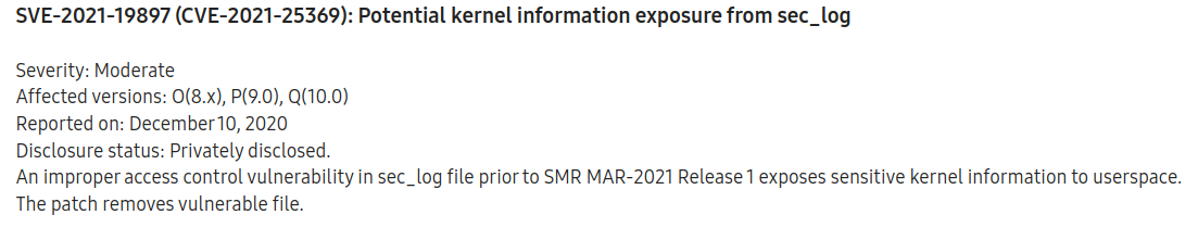 三星2021年3月安全更新中CVE-2021-25369条目的截图。内容为: