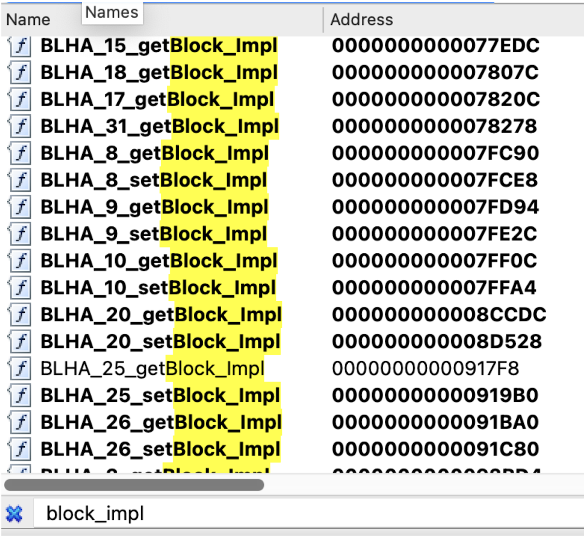 IDA Pro 名称窗口显示符号列表,如 BLHA_15_getBlock_Impl。