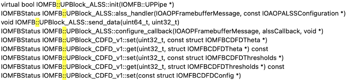 一个简短的 C++ 原型列表,如 IOMFB::UPBlock_ALSS::init(IOMFB::UPPipe *)。